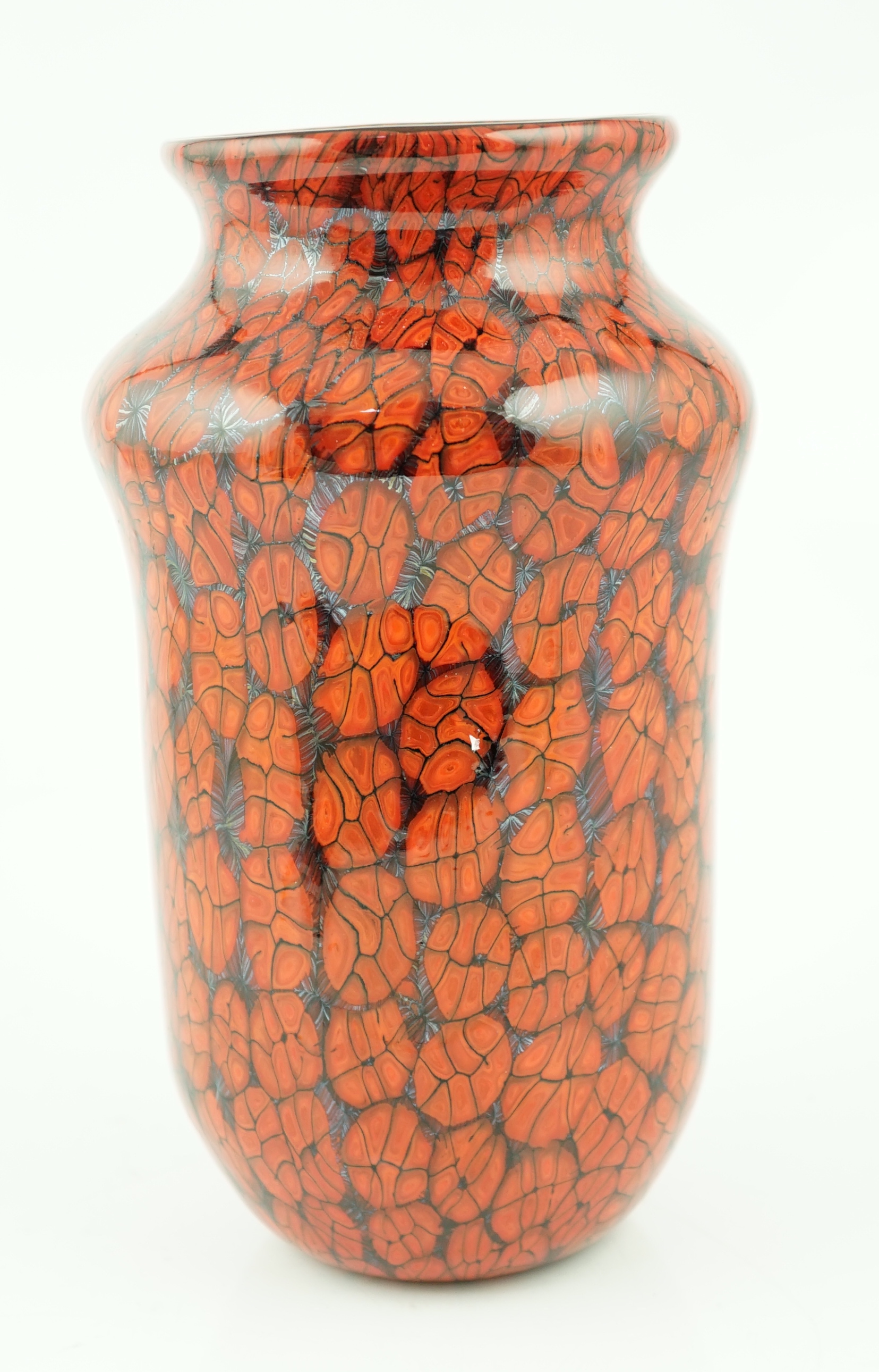 Vittorio Ferro (1932-2012), a Murano glass Murrine vase, in orange and black, signed, 26cm, Please note this lot attracts an additional import tax of 20% on the hammer price